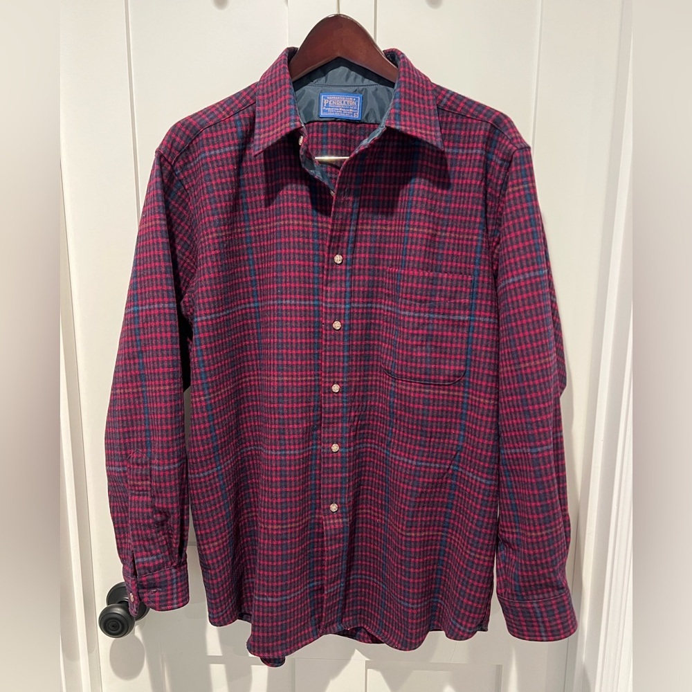 Vintage Pendleton 100% Wool Shirt, Maroon Plaid- Men’s Large